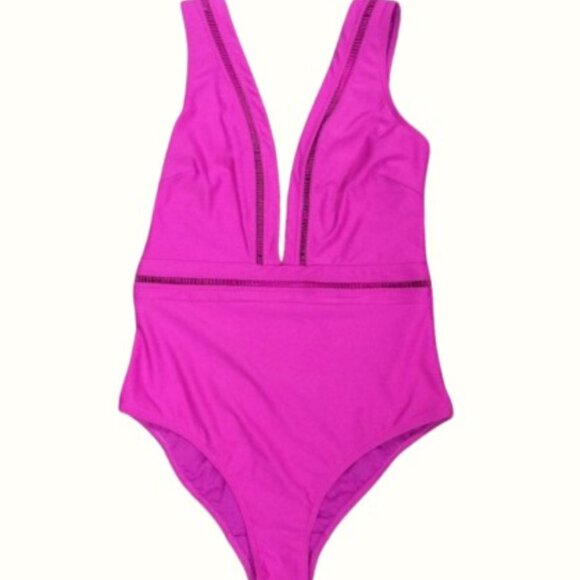 NWT Ted Baker Pointelle Deep V One-Piece Swimsuit in 55-Fuchsia, Size 2 - Picture 3 of 5